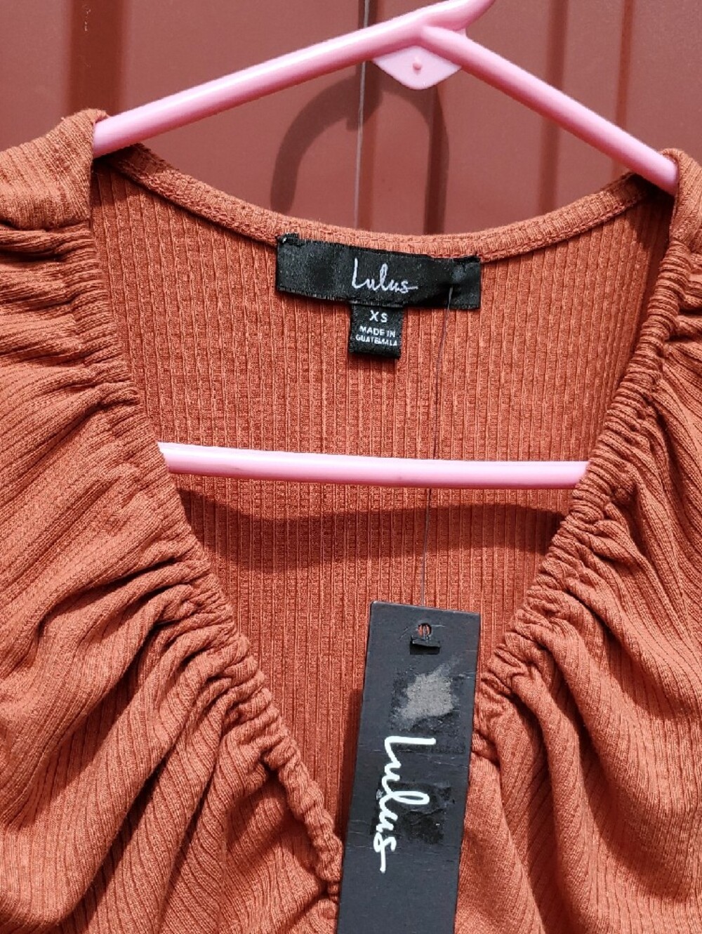 Lulu's XS Rust Ribbed One-Piece Bodysuit with Front Ruching - Picture 2 of 10